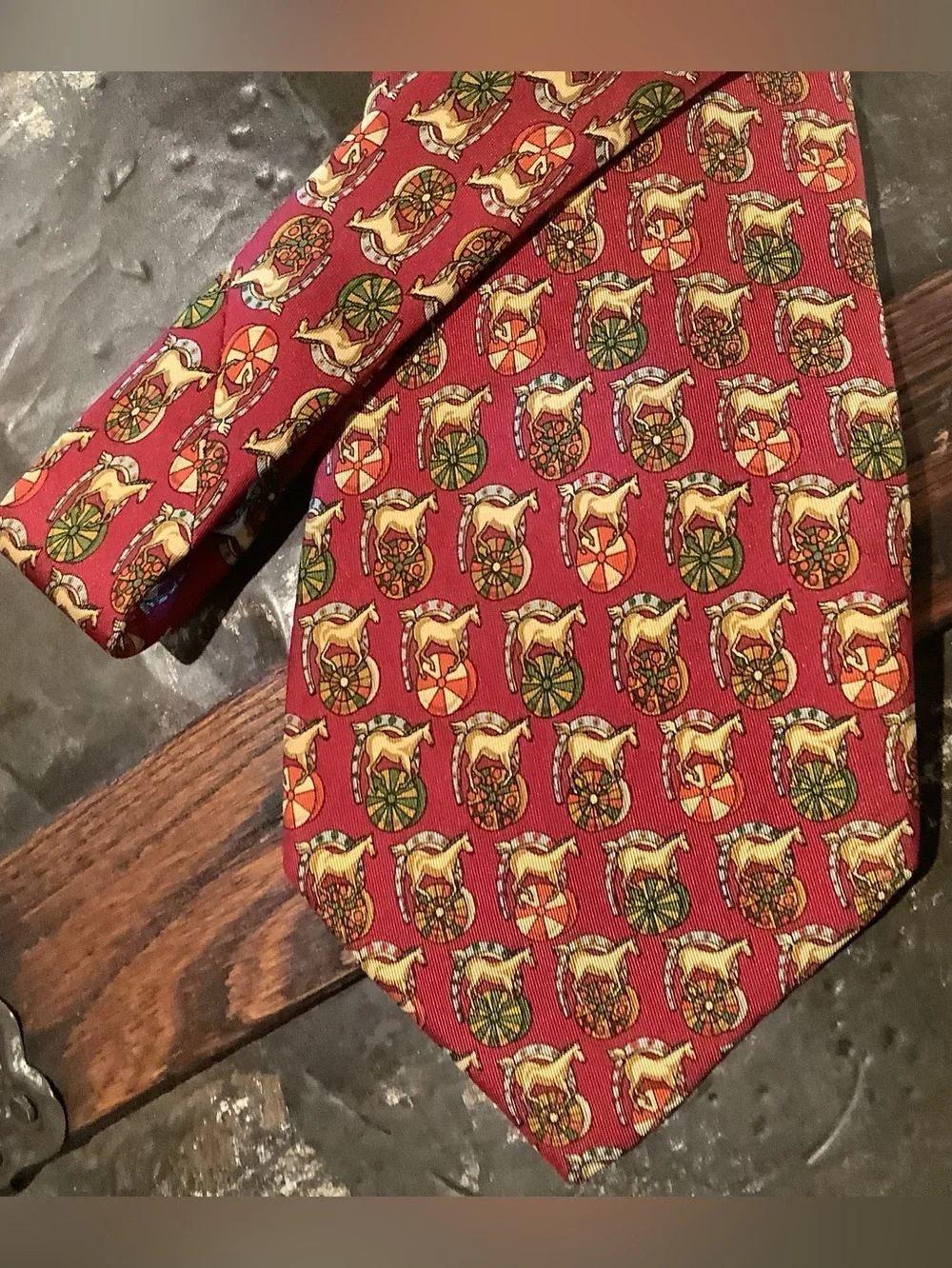 Salvatore Ferragamo Burgundy Italian Silk Tie with Multicolor Horse Motif